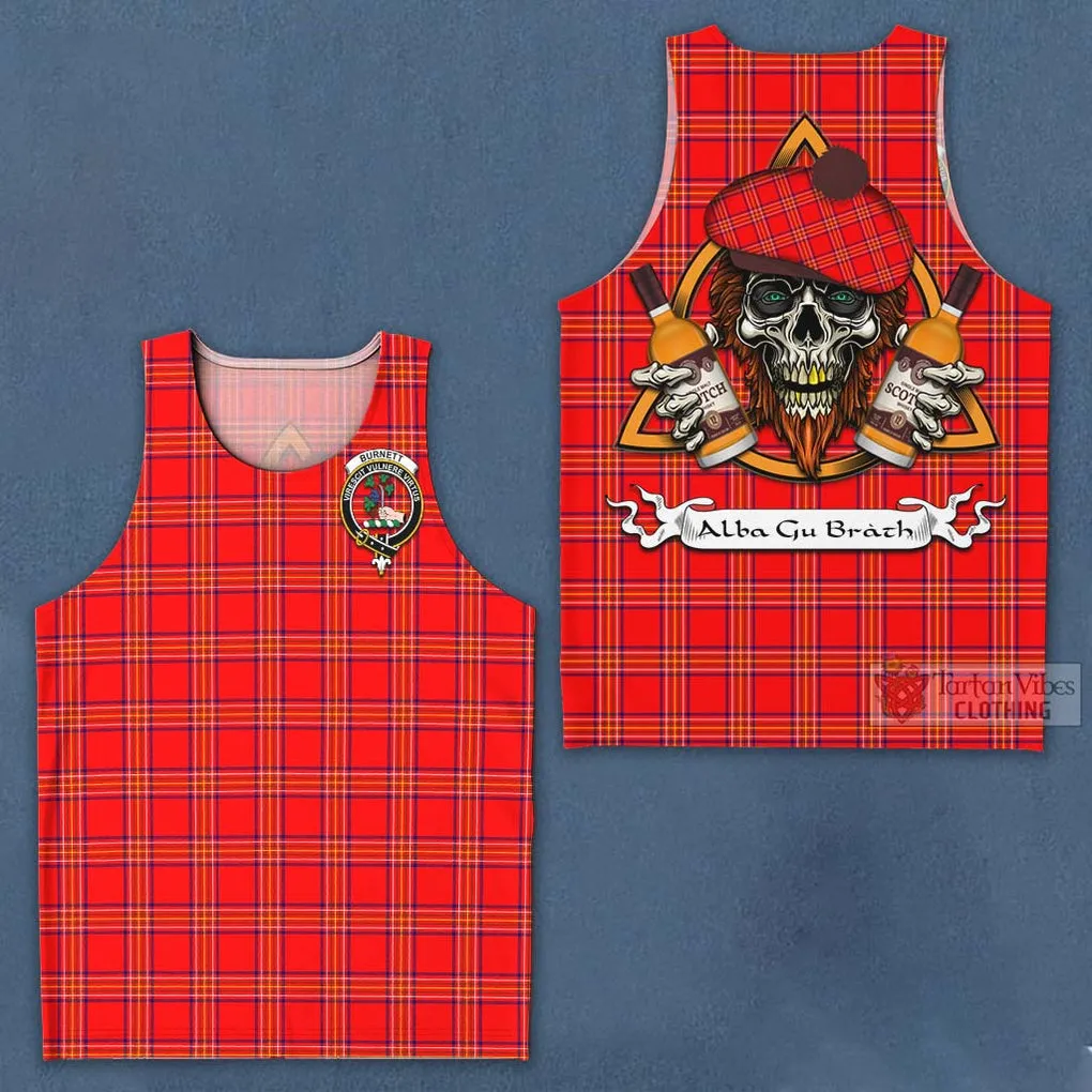 Burnett Tartan Men's Tank Top with Family Crest and Bearded Skull Holding Bottles of Whiskey