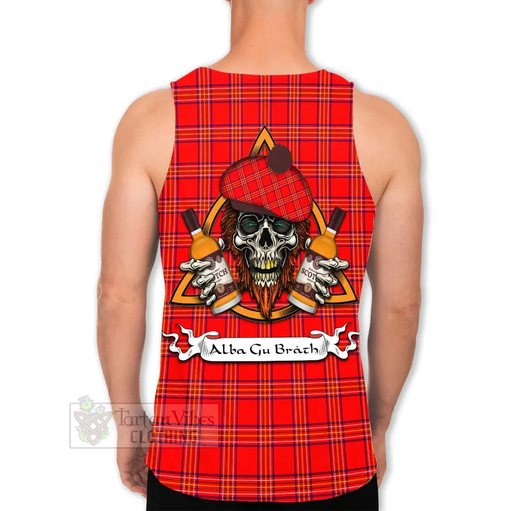 Burnett Tartan Men's Tank Top with Family Crest and Bearded Skull Holding Bottles of Whiskey