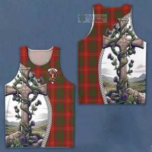 Burns Tartan Men's Tank Top with Family Crest and St. Andrew's Cross Accented by Thistle Vines