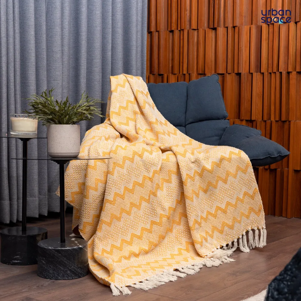 Cotton Chevron Throw | Lightweight Blanket For Living Room Sofa & Chair | Soft & Light Throw For Bed | Use For Picnic & Gifting - Yellow and White