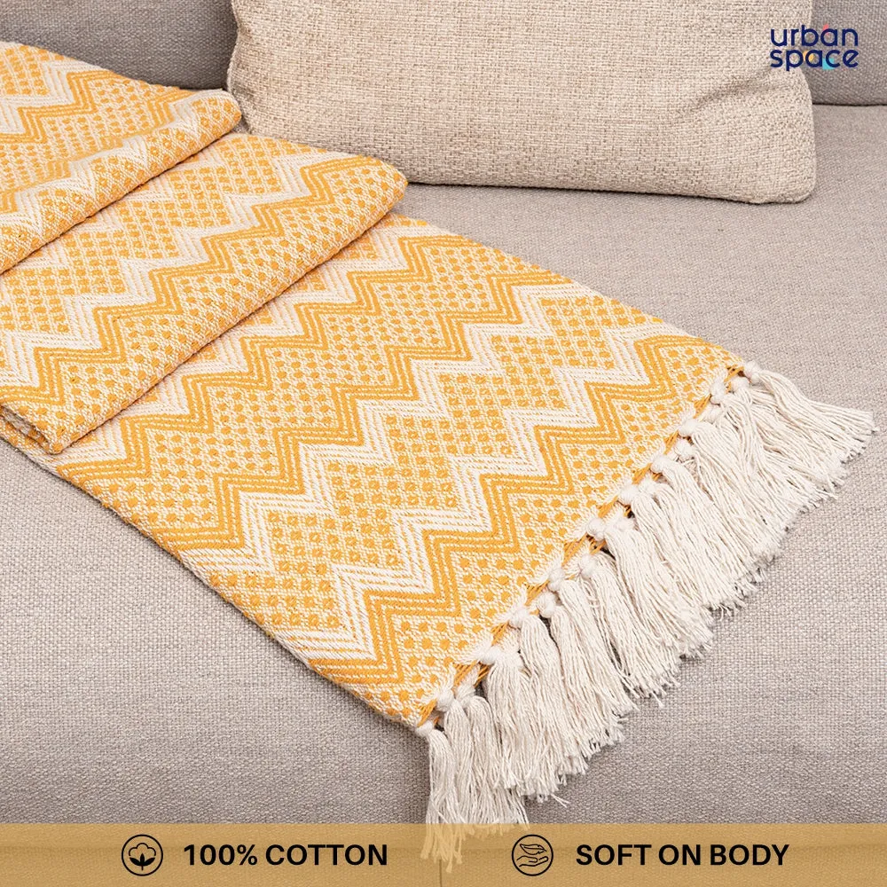 Cotton Chevron Throw | Lightweight Blanket For Living Room Sofa & Chair | Soft & Light Throw For Bed | Use For Picnic & Gifting - Yellow and White