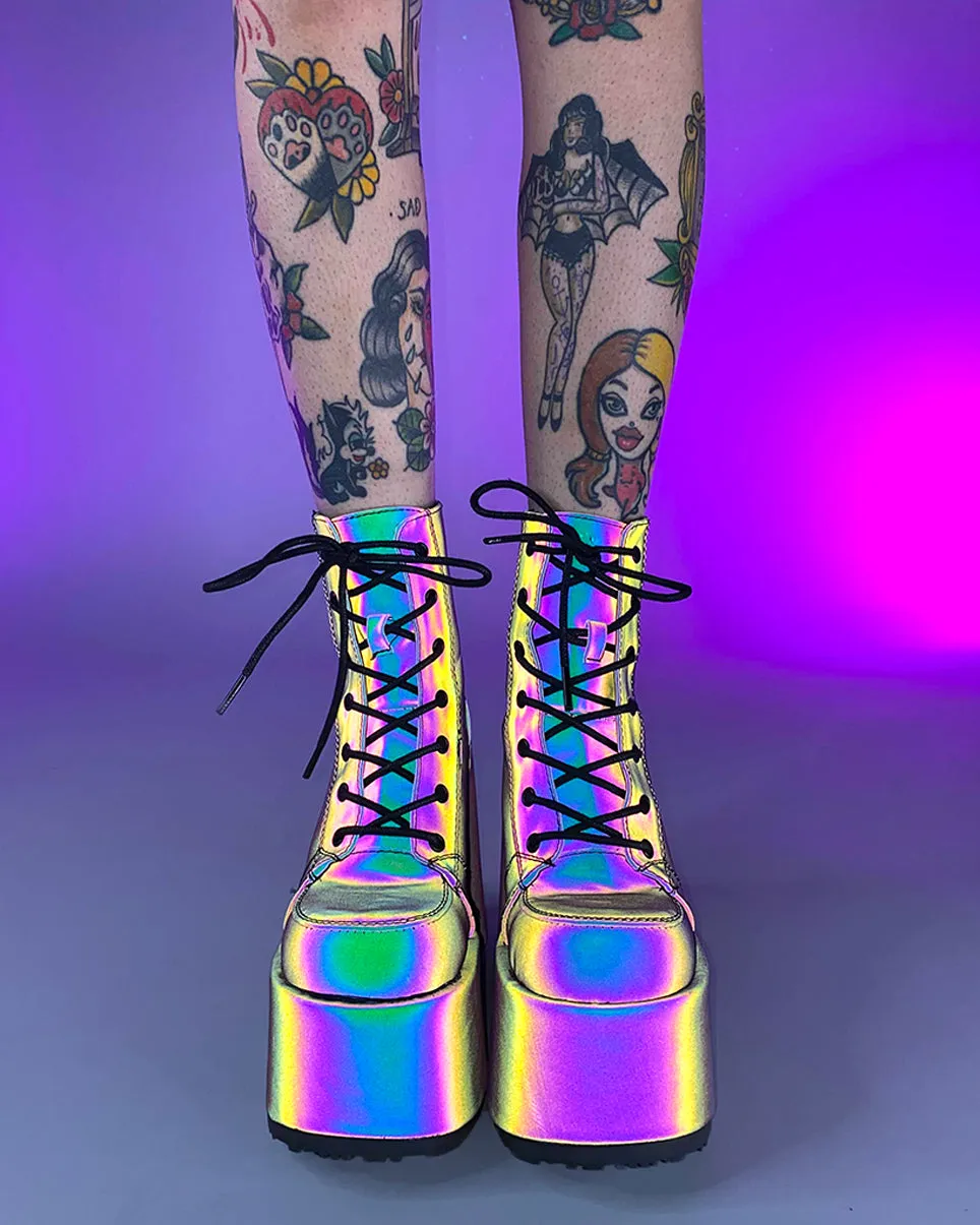 Demonia Rainbow Reflective Platform Bootie