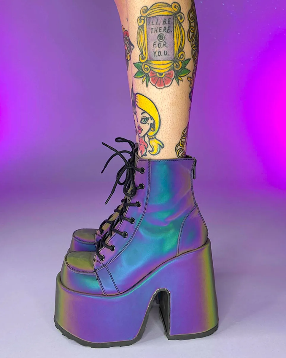 Demonia Rainbow Reflective Platform Bootie