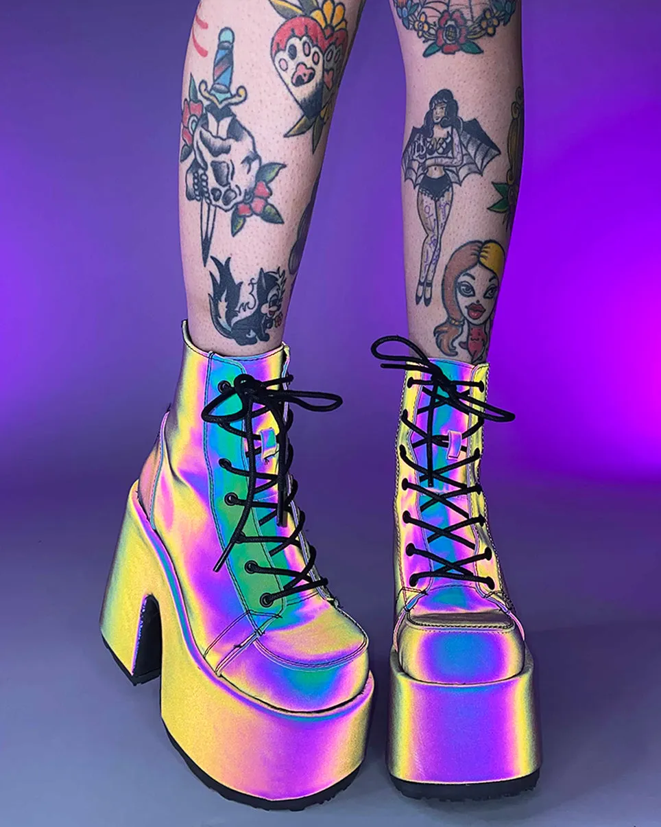 Demonia Rainbow Reflective Platform Bootie