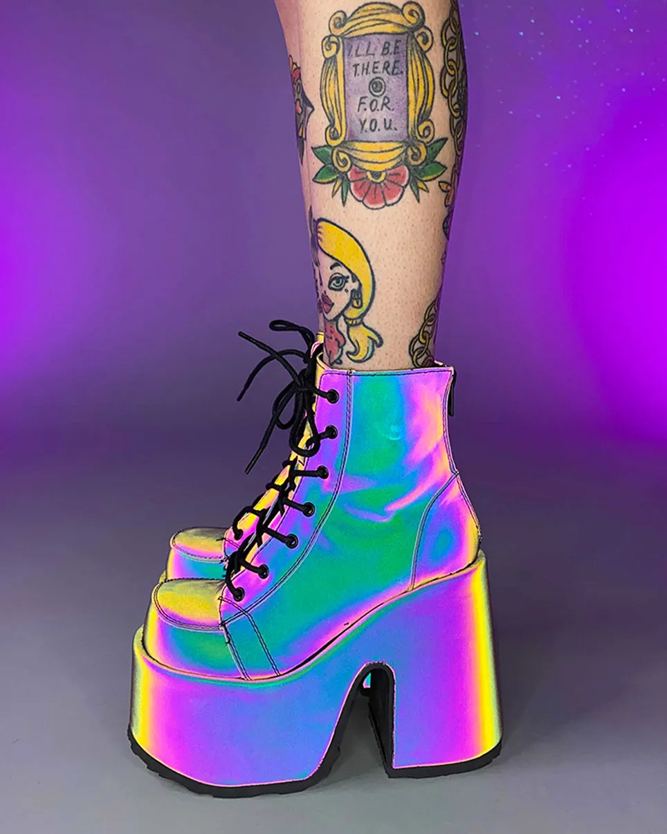 Demonia Rainbow Reflective Platform Bootie