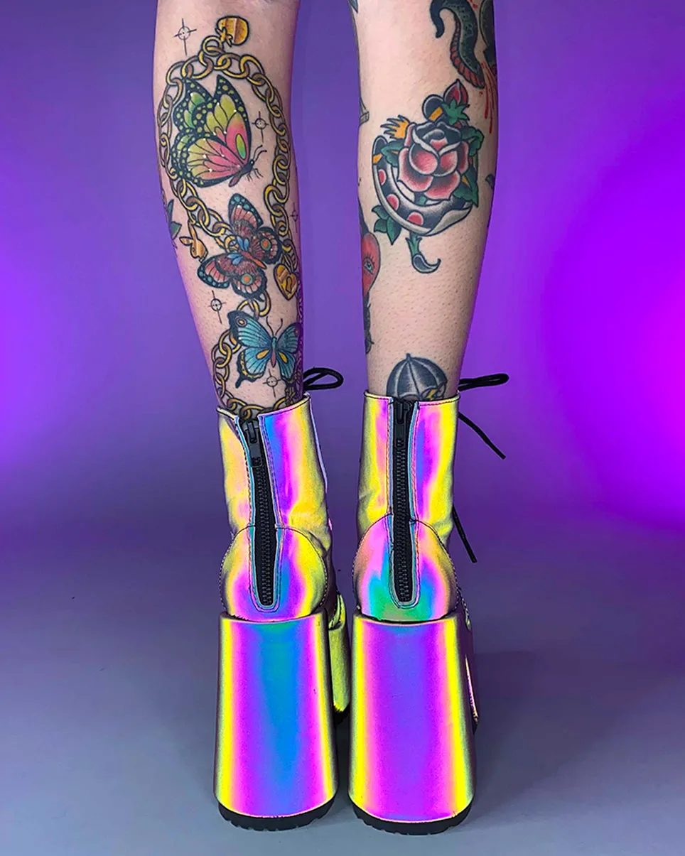 Demonia Rainbow Reflective Platform Bootie