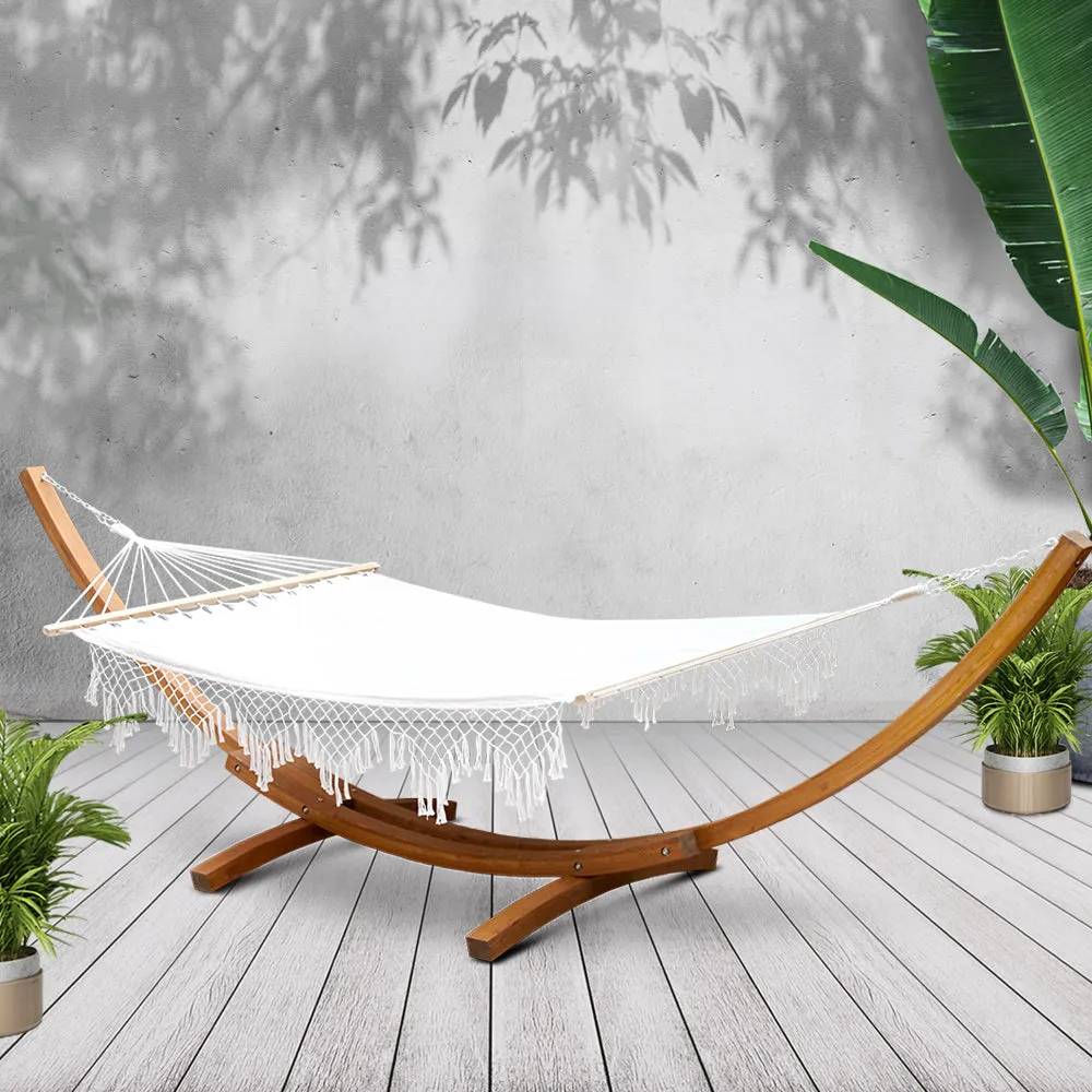 Double Hammock with Wooden Hammock Stand Tassel Swing Seat Bed