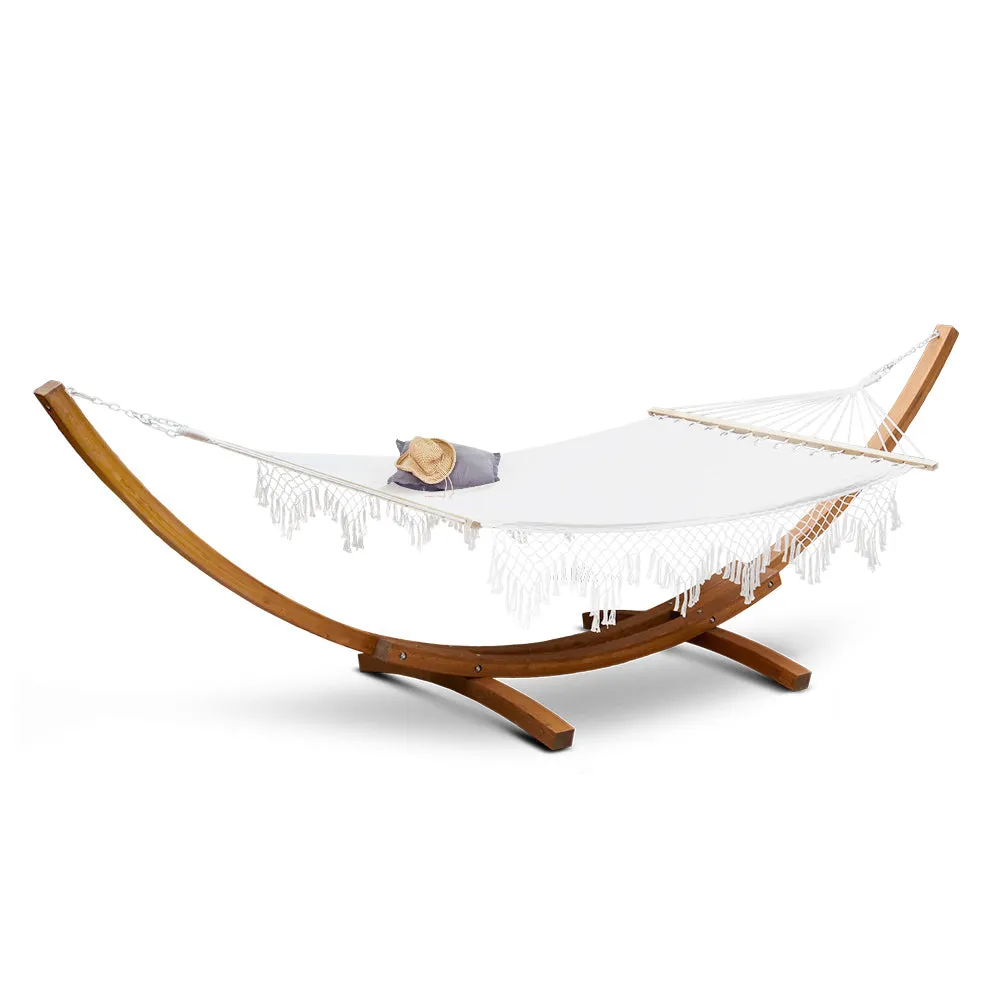 Double Hammock with Wooden Hammock Stand Tassel Swing Seat Bed