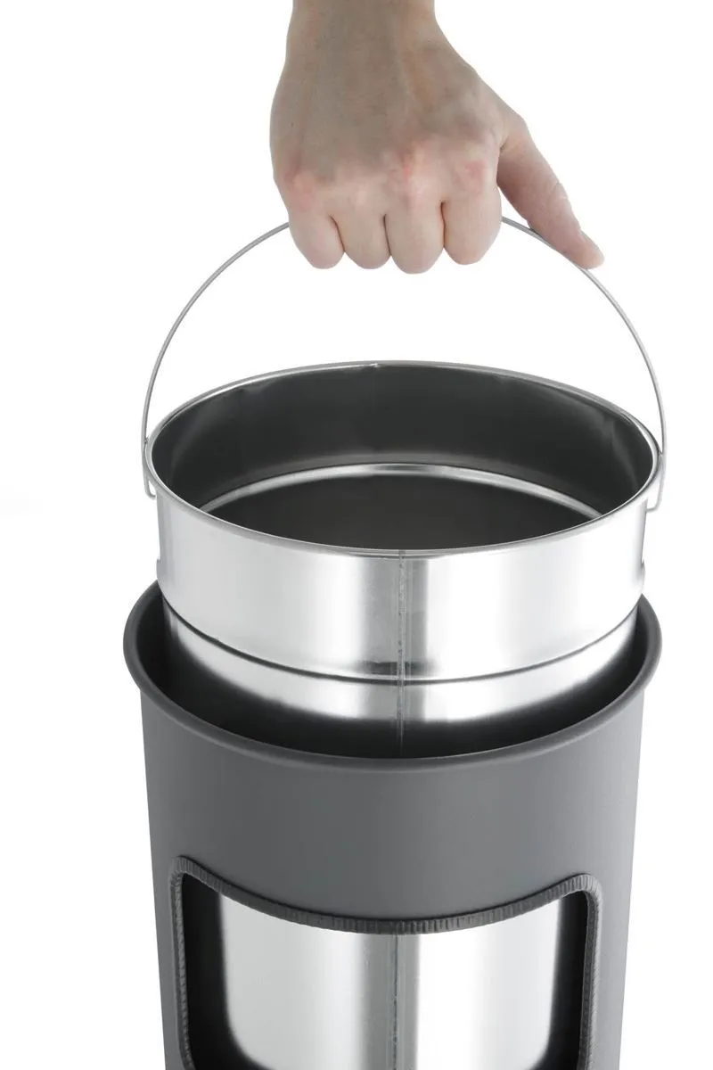 Durable Round Metal Waste Bin with Integrated Sand Ashtray | 17L | Silver