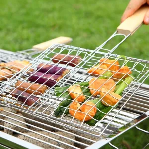 Durable Stainless Steel BBQ Grill with Comfortable Wooden Handle - Perfect for Grilling Fish, Bread, and More Outdoors