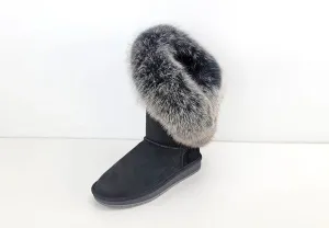 Fox Fur Leather Snow Boots with Plush Lining & Rubber Outsole - Handmade Knee-High Winter Boots