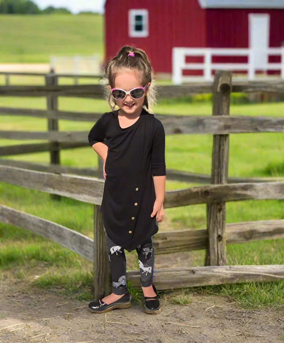 Girls Horse Leggings, Kids Yoga Pants, Sizes S/L, No-Roll Waist, Black/White