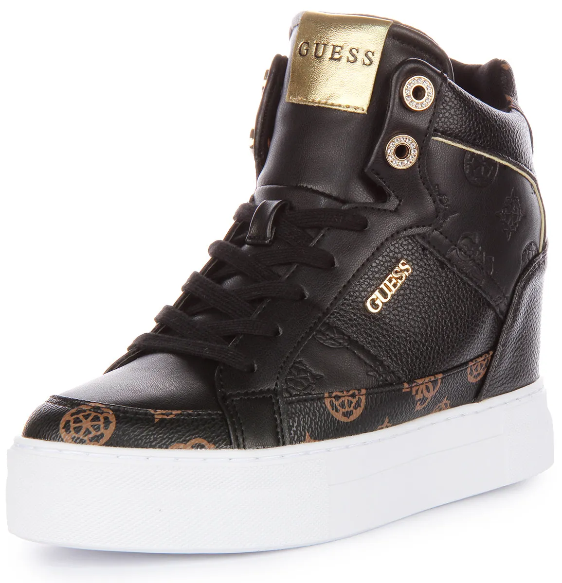 Guess Fridan 4G Wedge Trainer In Black Brown For Women