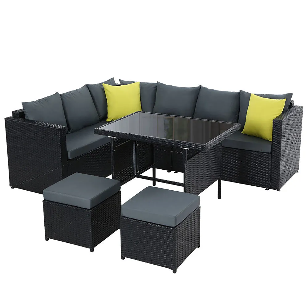 Hamilton 8 Seat Corner Outdoor Dining Setting - Black With Grey Cushions