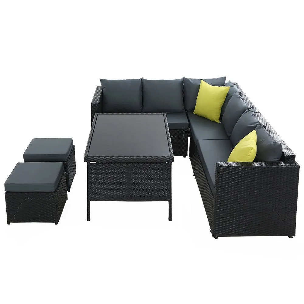 Hamilton 8 Seat Corner Outdoor Dining Setting - Black With Grey Cushions