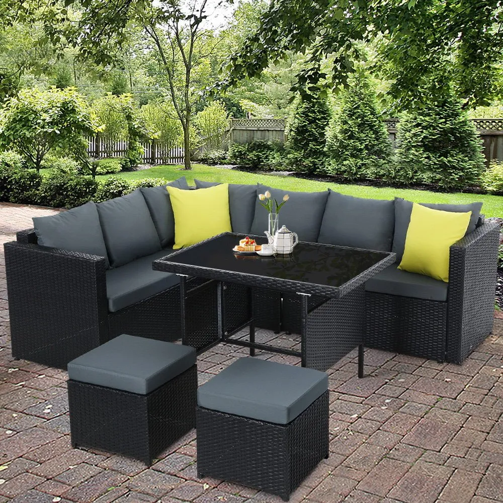 Hamilton 8 Seat Corner Outdoor Dining Setting - Black With Grey Cushions