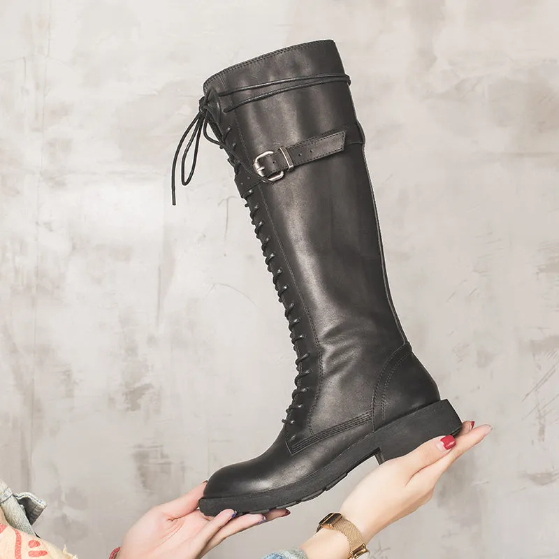 Handmade Waxing Leather Lace up Knee High Boots Buckle Decoration Side Zip Riding Boots in Black