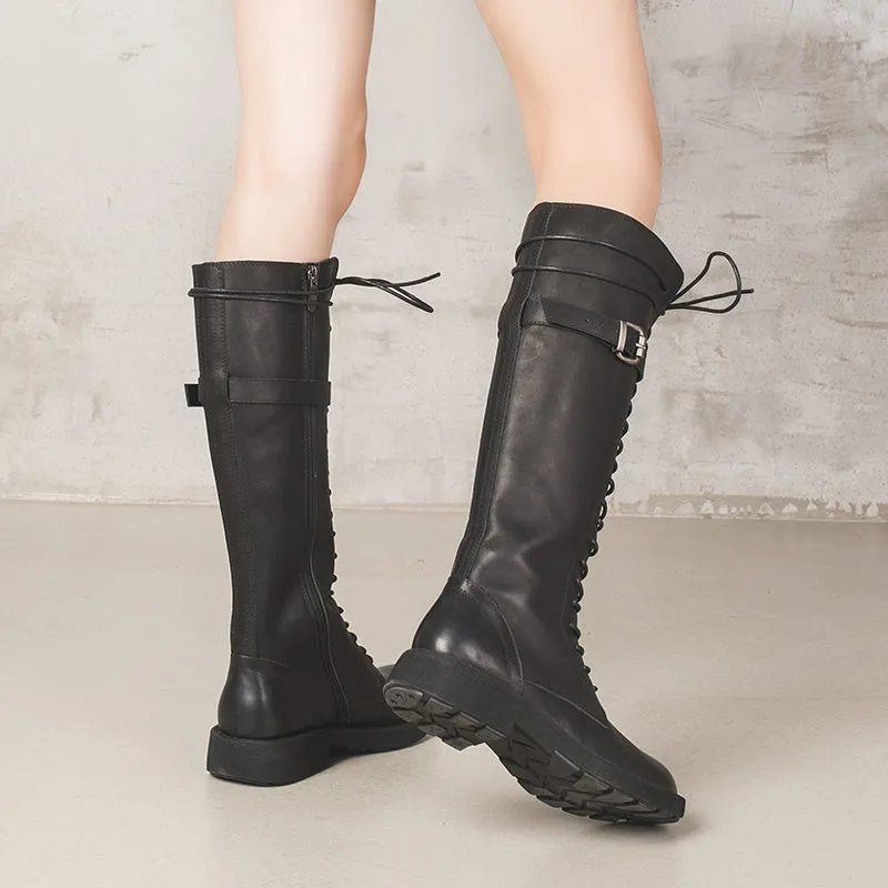 Handmade Waxing Leather Lace up Knee High Boots Buckle Decoration Side Zip Riding Boots in Black