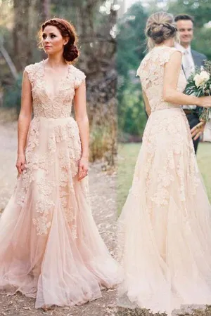 High Quality V-neck Sleeveless Floor-Length Wedding Dress with Lace WD015