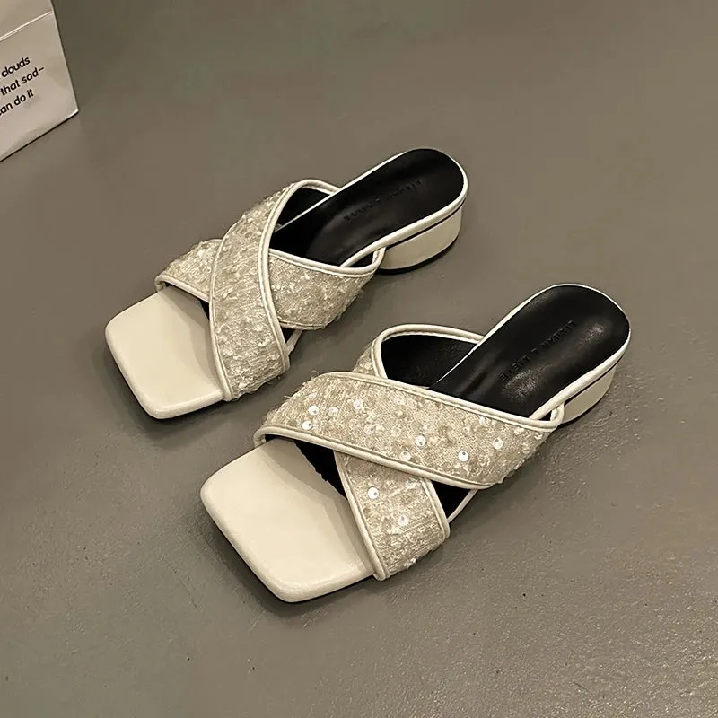 Hnzxzm 2024 Summer Sequin Woman Slippers Fashion Open Toe Slip On Low Heel Slides Shoes Ladies Outdoor Beach Sandalias