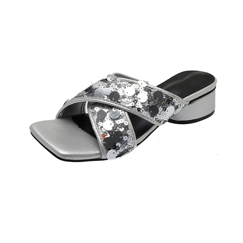 Hnzxzm 2024 Summer Sequin Woman Slippers Fashion Open Toe Slip On Low Heel Slides Shoes Ladies Outdoor Beach Sandalias