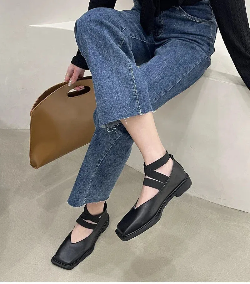 Hnzxzm New Design Mary Jane Shoes Women Elegant Square Toe Flats Summer Outdoor  Elastic Band Sandal Fashion Ladies Shoes