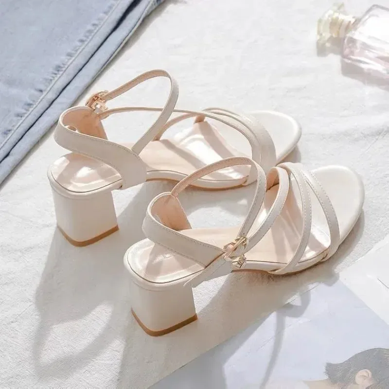 Hnzxzm Outdoor Sandals for Women With Medium Heels Woman Shoes 2024 Trending New Breathable Fashion Korea Or H Chic and Elegant Casual