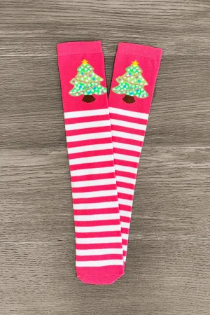 Hot Pink Striped Christmas Tree Socks