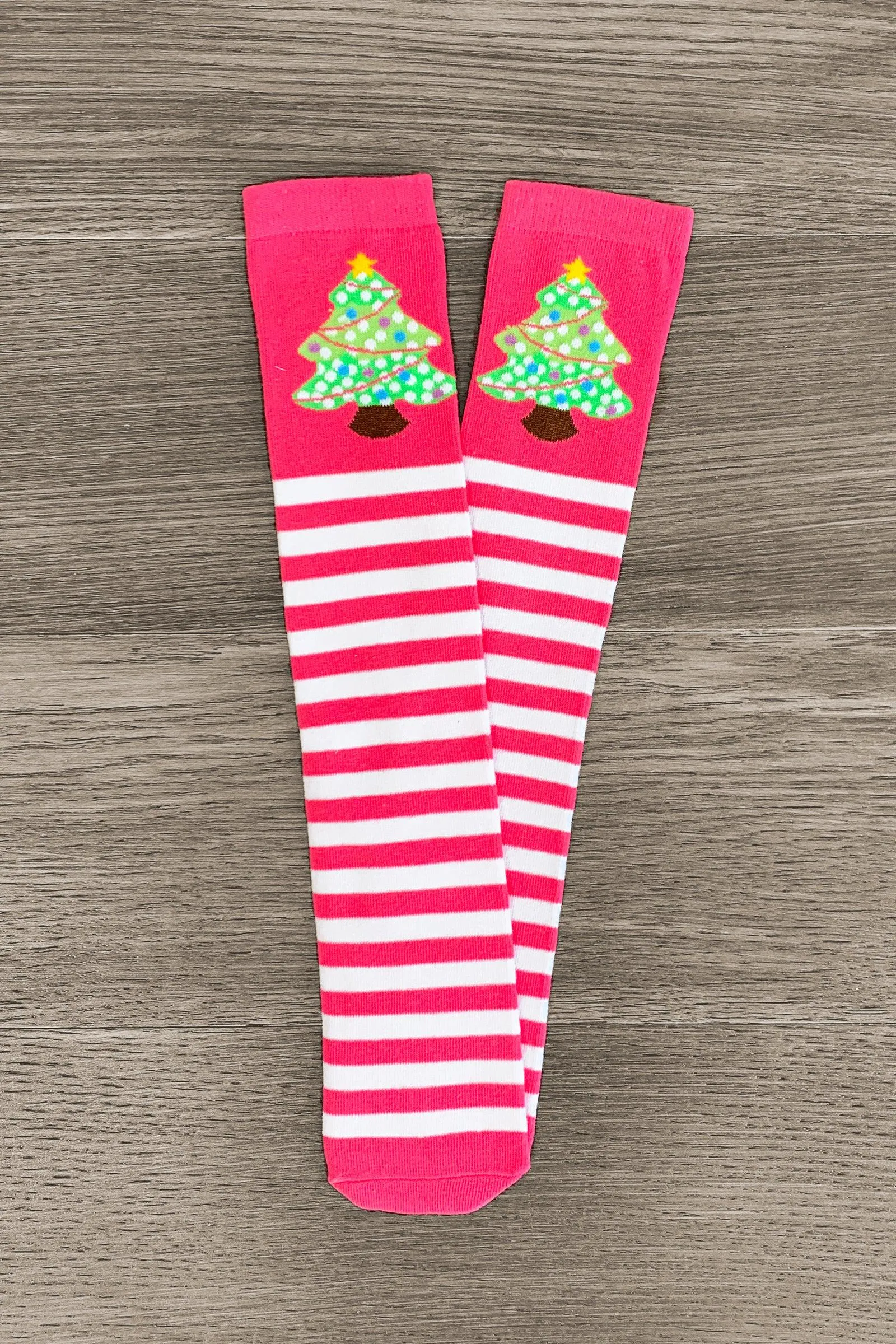 Hot Pink Striped Christmas Tree Socks