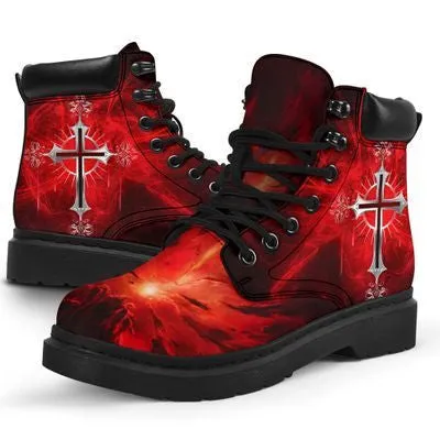 Jesus God Cross Light Red Leather Boots - Christian Shoes For Men And Women