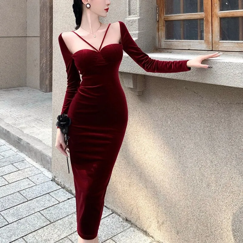 Joskaa Black Friday Sales Red Velvet Elegant Long Dress Women Sexy Strap Slim Christmas Evening Party Dress Winter Vintage Casual Bodycon Y2K Dress Female