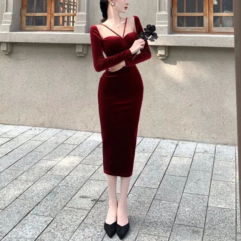 Joskaa Black Friday Sales Red Velvet Elegant Long Dress Women Sexy Strap Slim Christmas Evening Party Dress Winter Vintage Casual Bodycon Y2K Dress Female