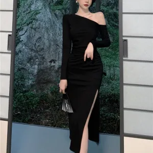 Joskaa Black Friday Sales Sexy Black Dress Women Elegant Split Backless Off Shoulder Party Dress Korean Vintage High Waist Irregular Casual Dress New