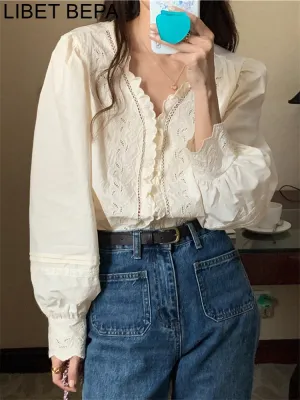 Joskaa New 2024 Chic Lace Sweet Korean Fashion Oversized Women Blouses Shirts Autumn Winter Elegant Lady Vintage Elegant Tops