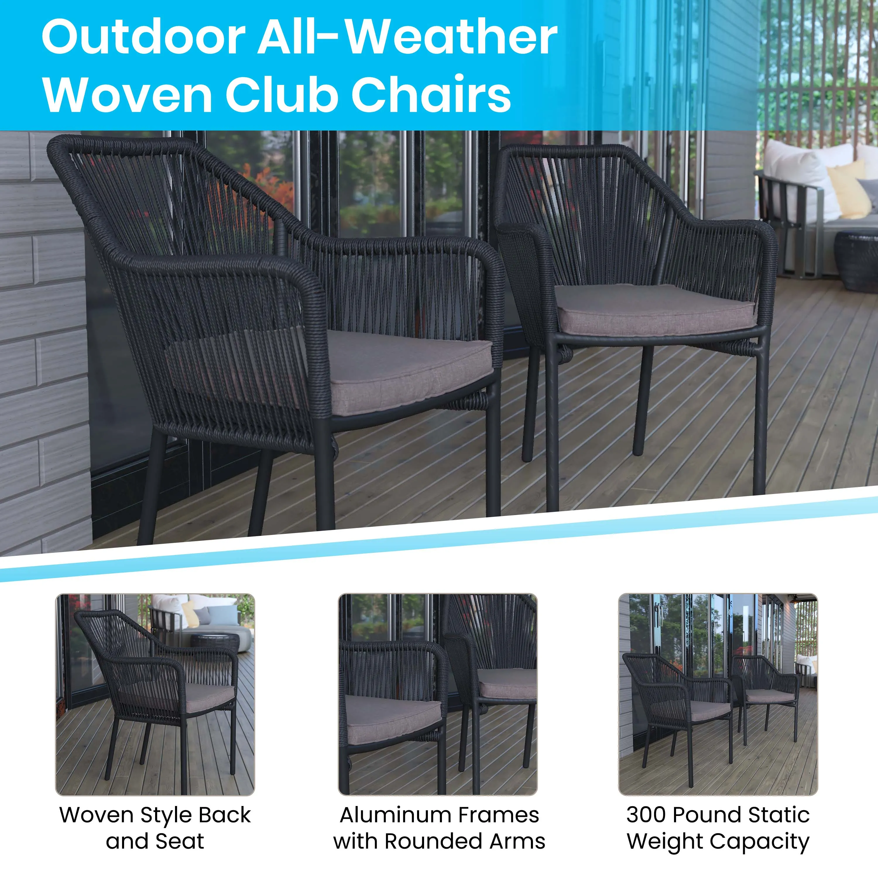 Kyla Set of 2 Aluminum Framed Stackable All-Weather Woven Club Chairs with Rounded Arms & Zippered Seat Cushions