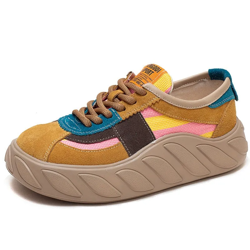 Leather Platform Sneakers for Women Low-top Lace up in Yellow/Green