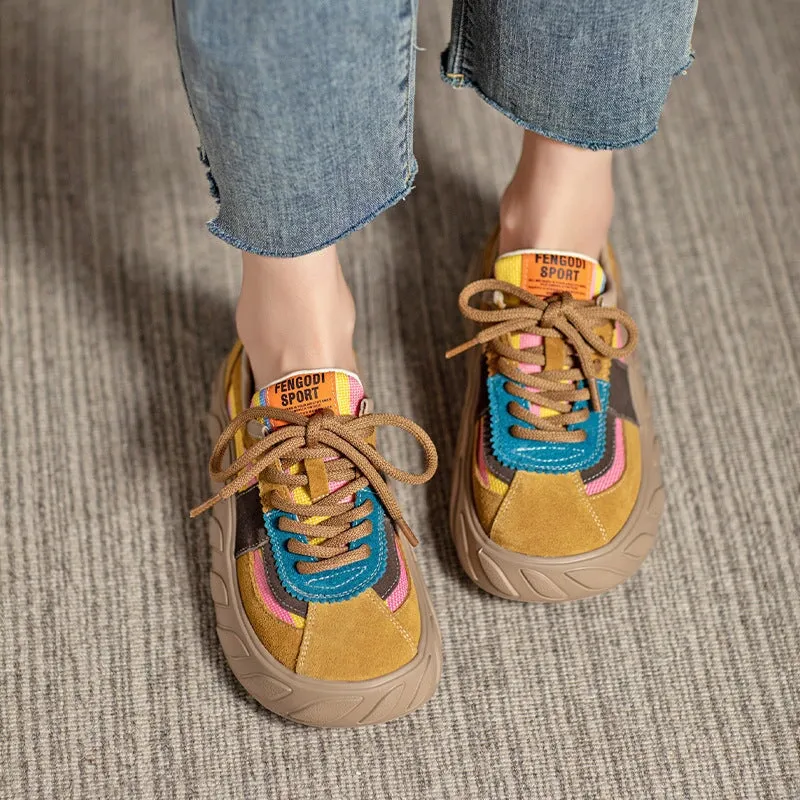 Leather Platform Sneakers for Women Low-top Lace up in Yellow/Green