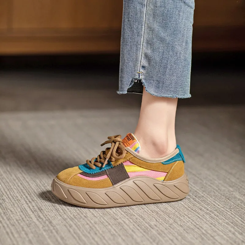 Leather Platform Sneakers for Women Low-top Lace up in Yellow/Green