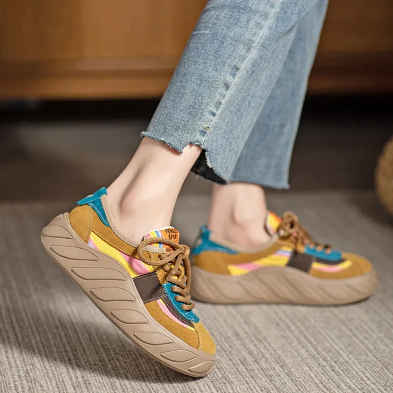 Leather Platform Sneakers for Women Low-top Lace up in Yellow/Green