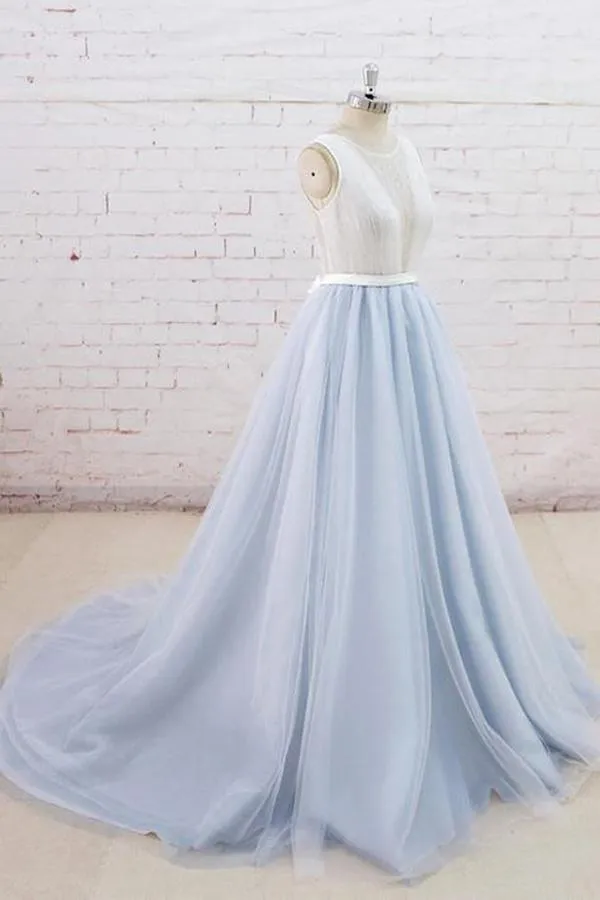 Light Blue Tulle Sheer Back Sweep Train Formal Prom Dress PSK134