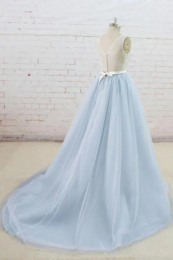 Light Blue Tulle Sheer Back Sweep Train Formal Prom Dress PSK134