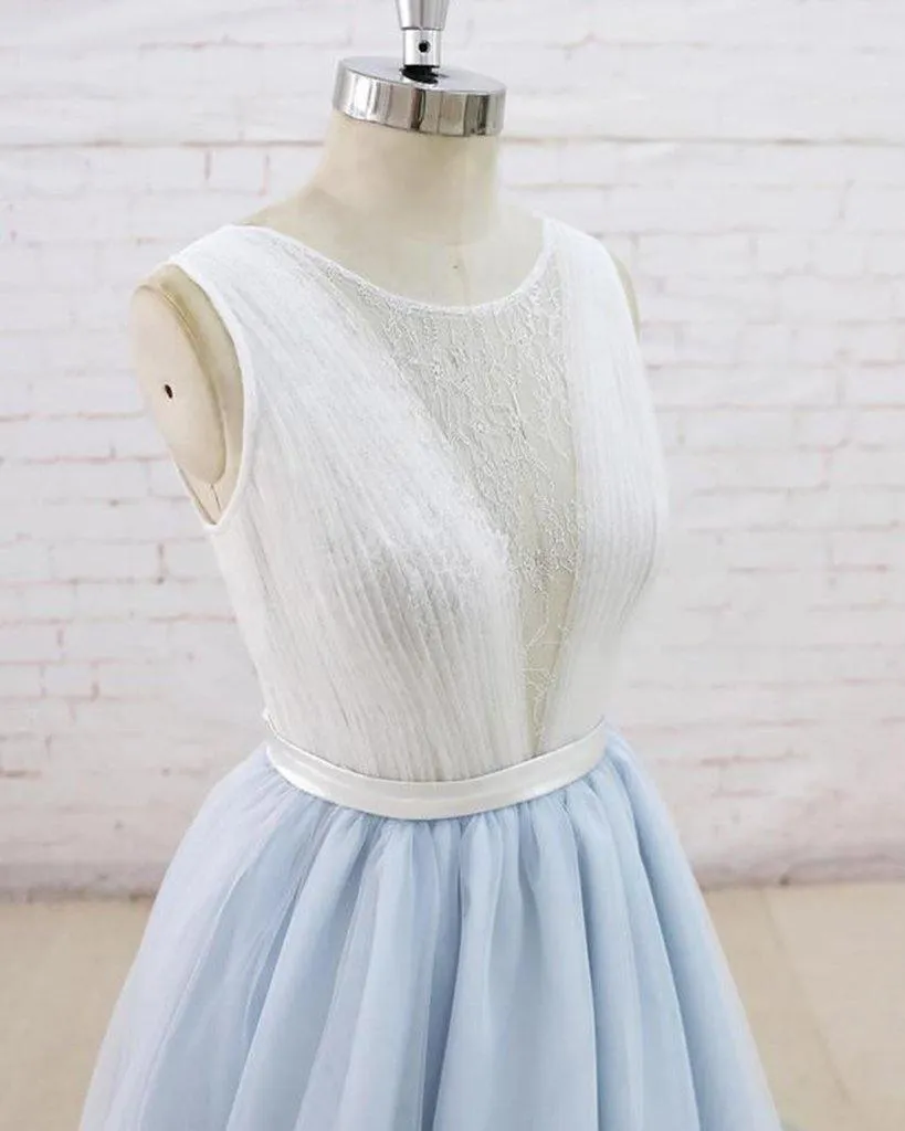 Light Blue Tulle Sheer Back Sweep Train Formal Prom Dress PSK134