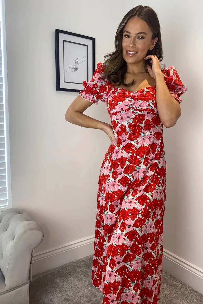 Lilianna sweetheart neckline red pink floral split midi dress