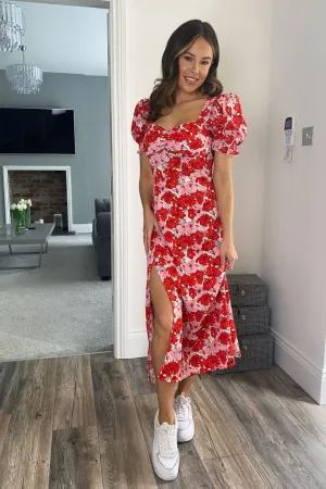 Lilianna sweetheart neckline red pink floral split midi dress