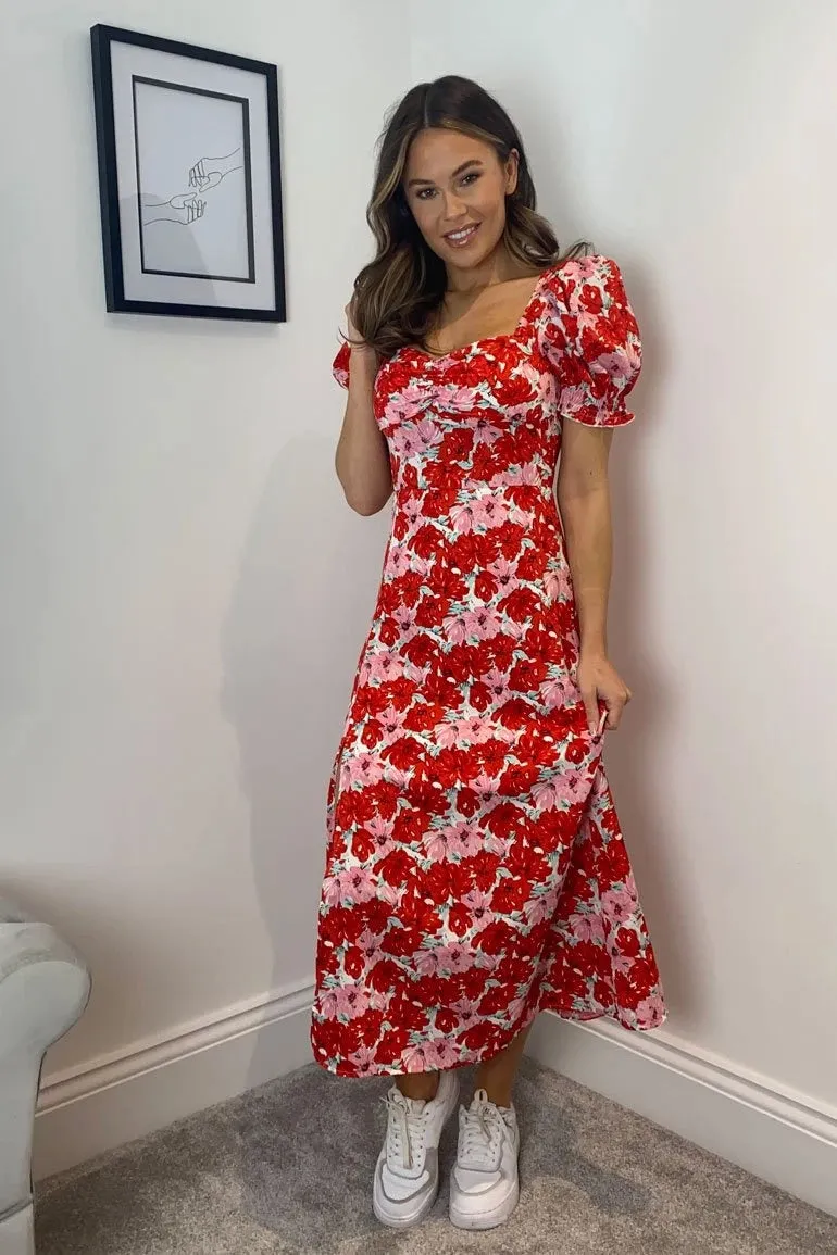 Lilianna sweetheart neckline red pink floral split midi dress