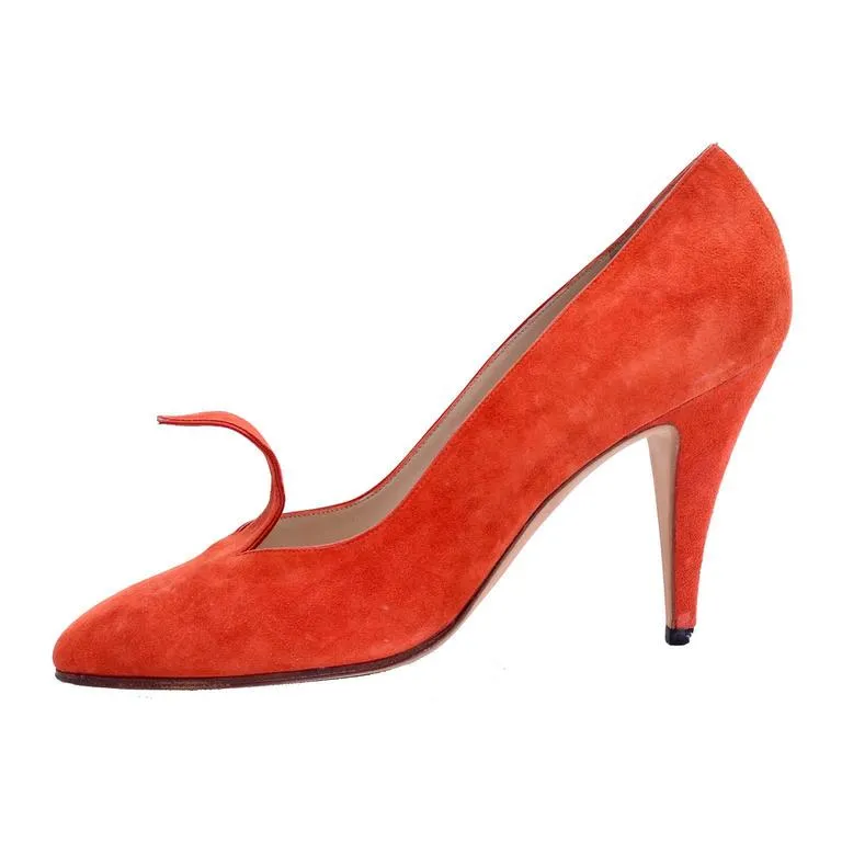 Manolo Blahnik London Orange Suede Vintage Heels w/ Flame 38.5