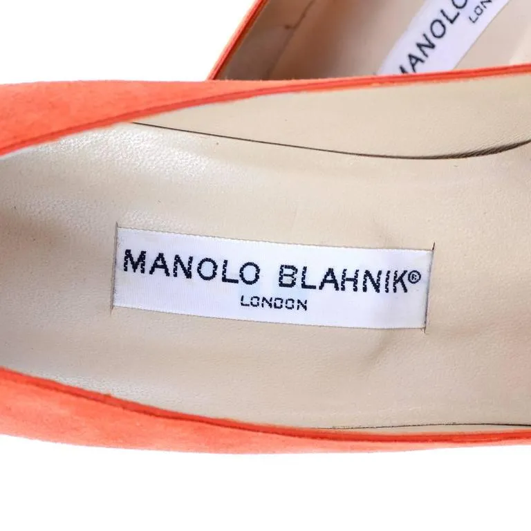 Manolo Blahnik London Orange Suede Vintage Heels w/ Flame 38.5