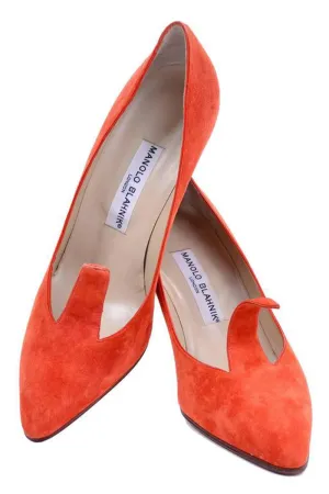 Manolo Blahnik London Orange Suede Vintage Heels w/ Flame 38.5