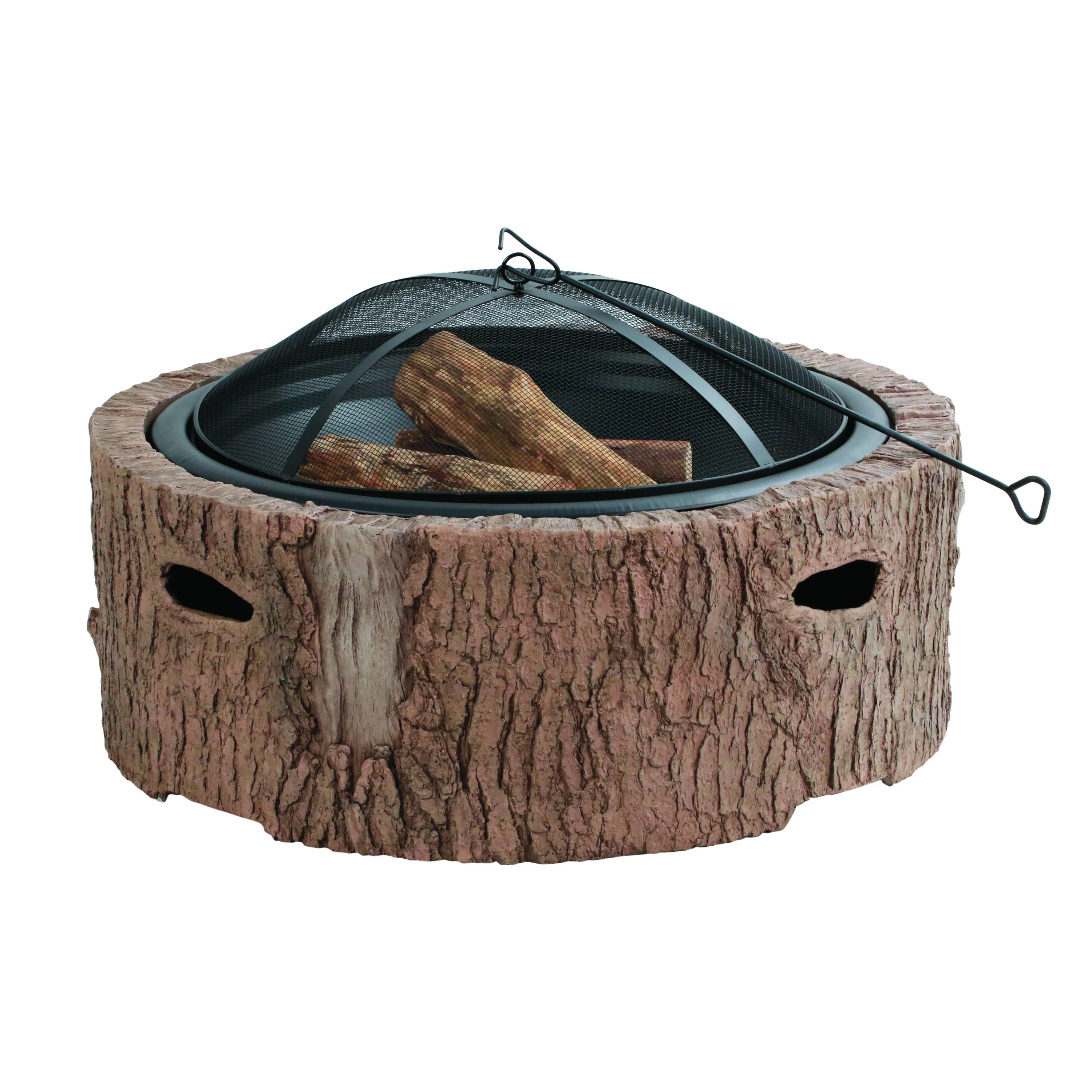 Martha Stewart MTS-FP35-FB 35 In Cast Stone Base, Wood Burning Fire Pit w/ 26 In Mesh Spark Guard Screen, Log Poker (Faux Bois)