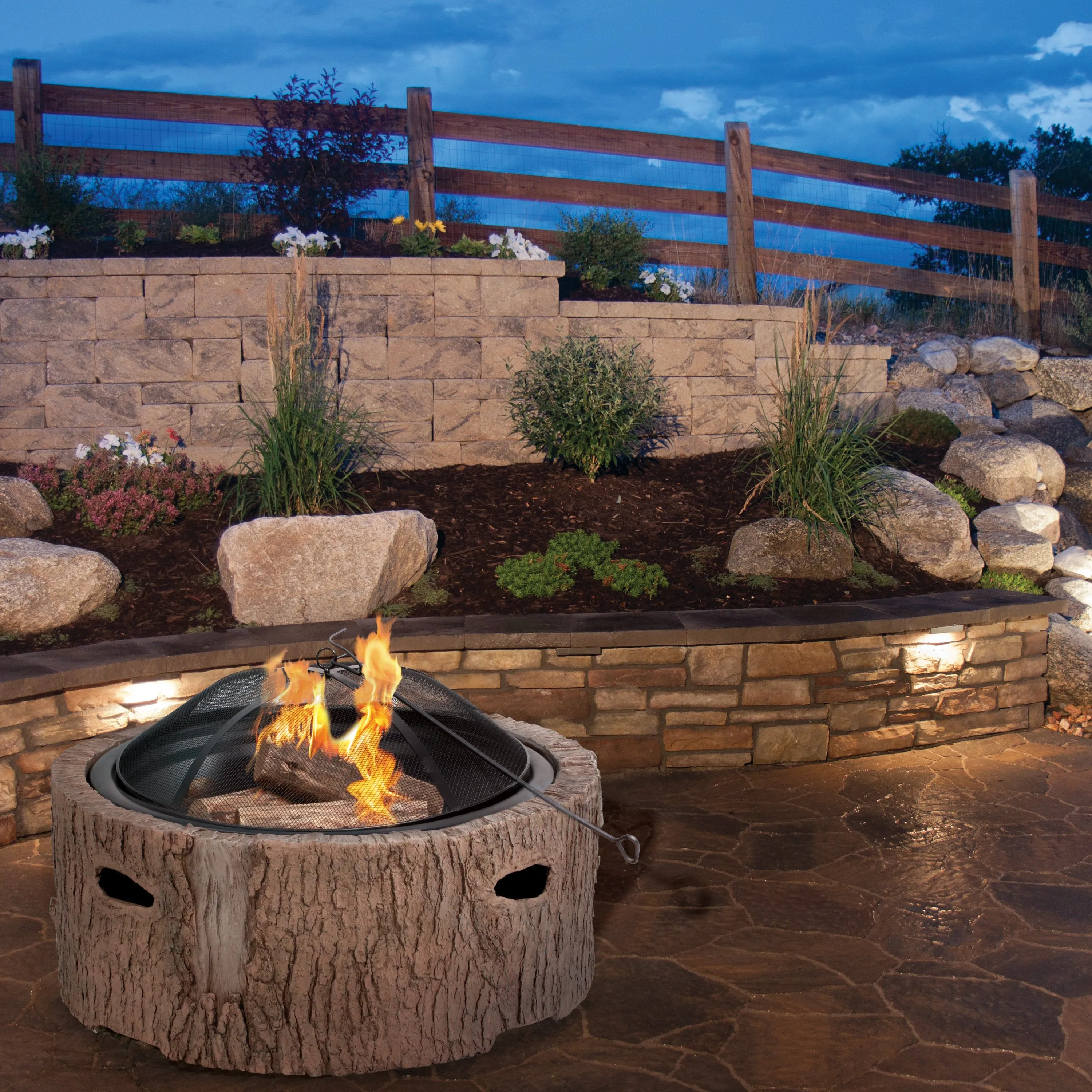 Martha Stewart MTS-FP35-FB 35 In Cast Stone Base, Wood Burning Fire Pit w/ 26 In Mesh Spark Guard Screen, Log Poker (Faux Bois)